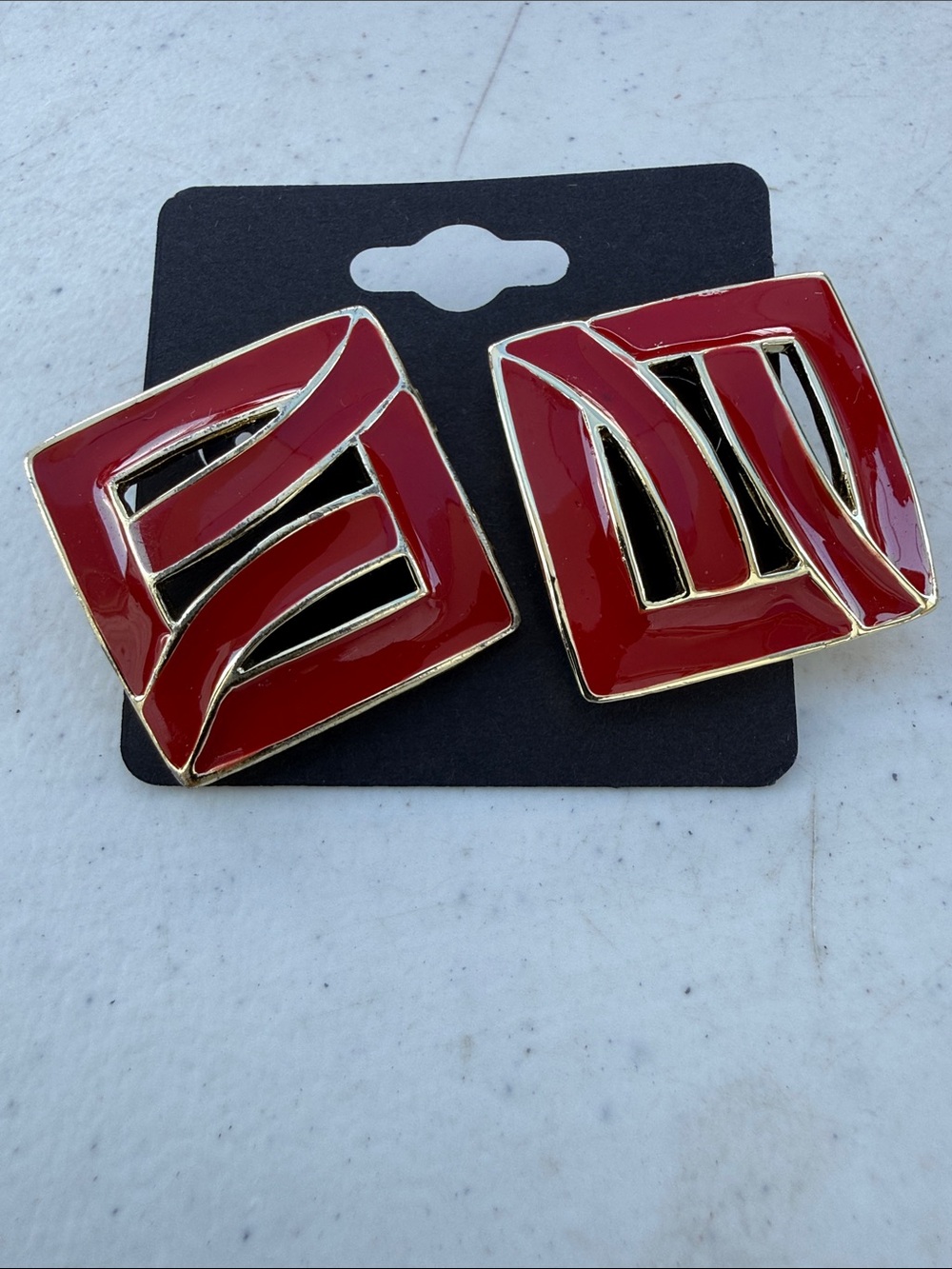Gold-Tone Red Enamel Geometric Statement Earrings